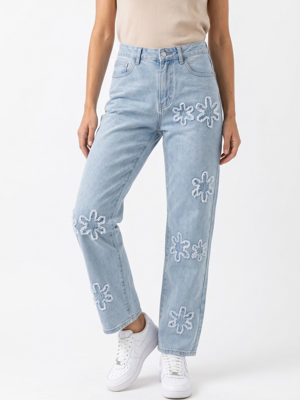 Light Blue Floral-Appliqué Straight-Leg Jeans